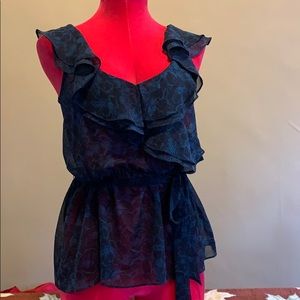 Express Black & Blue Floral Slightly Sheer Top